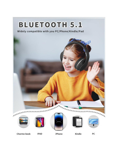 Auriculares Bluetooth DMJ BT56 para Niños y Adultos - Sonido Estéreo, 10h Batería, Plegables, Negro