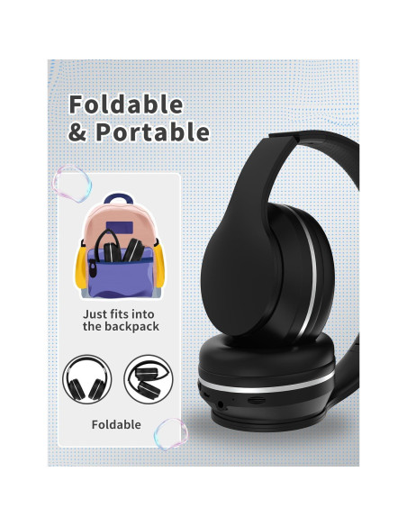 Auriculares Bluetooth DMJ BT56 para Niños y Adultos - Sonido Estéreo, 10h Batería, Plegables, Negro
