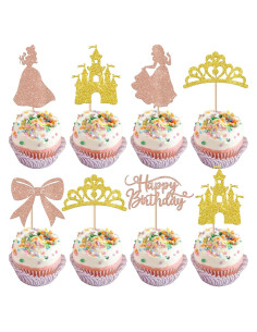 Toppers de Cupcake Princesa Rsstarxi 24 Piezas Rosa Dorado