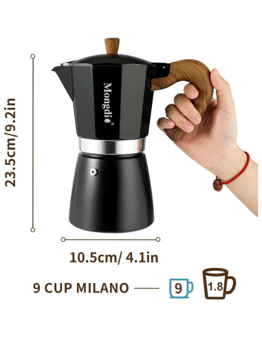 Cafetera Moka Manual Mongdio 9 Tazas Aluminio Negro