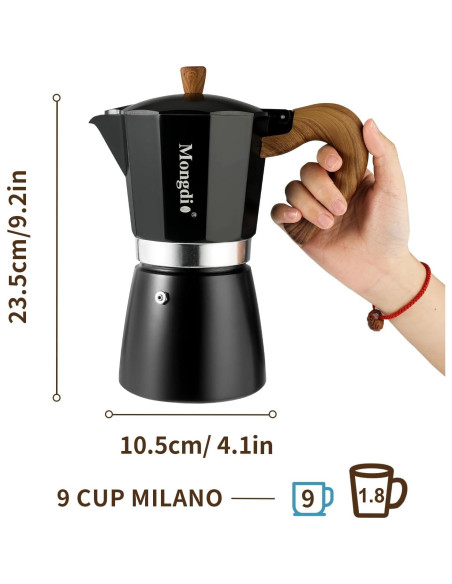 Cafetera Moka Manual Mongdio 9 Tazas Aluminio Negro