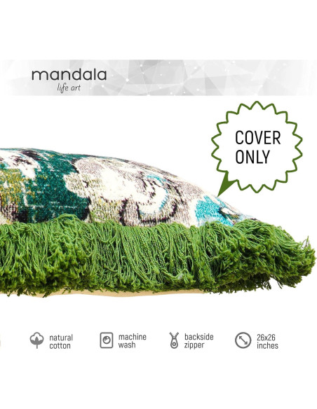 Funda de Almohada Cuadrada 66cm Mandala Life ART Algodón Verde