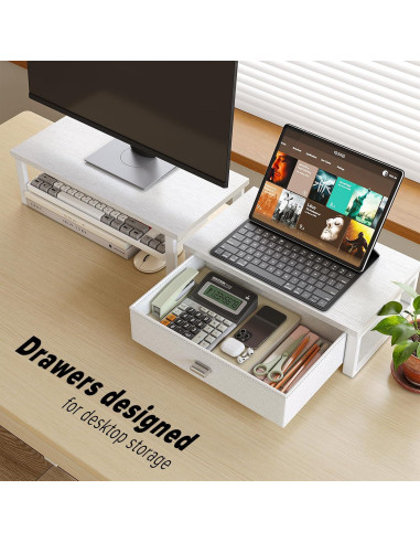 Soporte Doble Monitor WOHOMO Blanco con Cajón Organizador