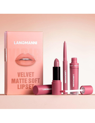 Set de Labios Mate LANGMANNI 3 en 1 - Lápiz, Labial y Brillo