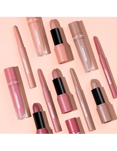 Set de Labios Mate LANGMANNI 3 en 1 - Lápiz, Labial y Brillo