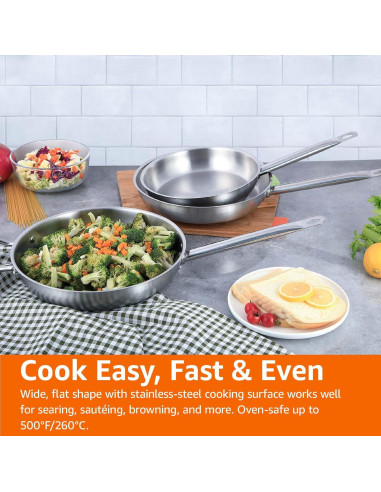 Juego de Sartenes de Acero Inoxidable 3 Piezas Amazon Basics