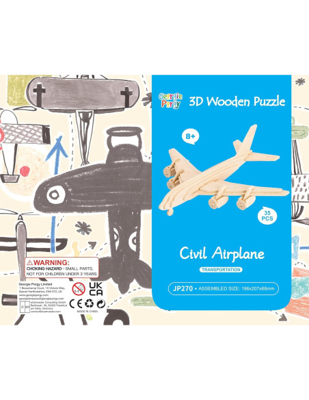 Rompecabezas de Madera 3D Georgie Porgy - Biplano, Helicóptero, Avión Civil