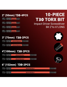 Juego de 10 Puntas Torx T30 Magnéticas 50-152mm Acero S2 2
