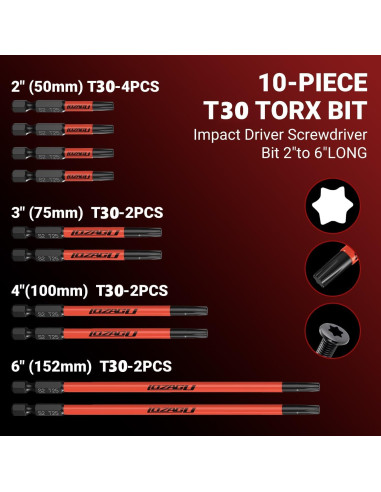 Juego de 10 Puntas Torx T30 Magnéticas 50-152mm Acero S2