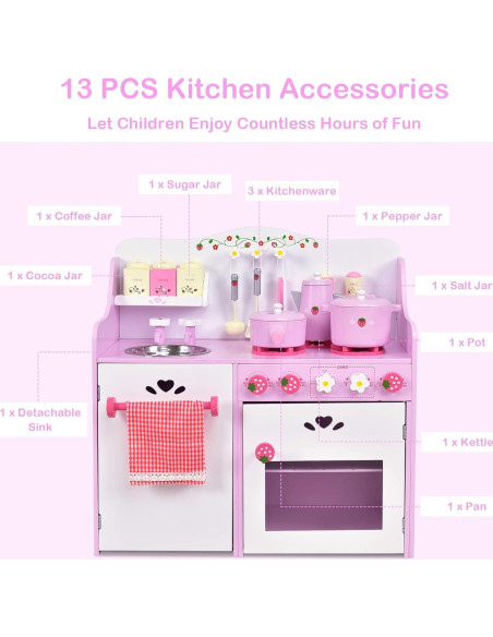 Juego de Cocina para Niños Costzon 13 Piezas Madera Rosa