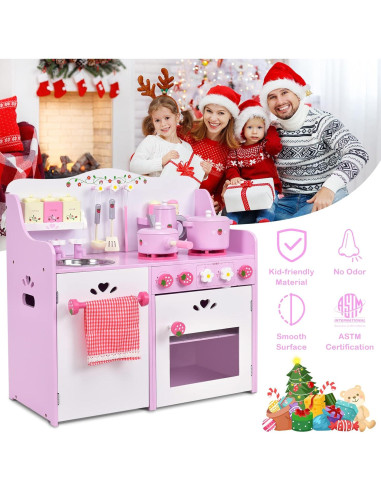 Juego de Cocina para Niños Costzon 13 Piezas Madera Rosa