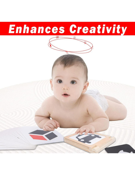 Tarjetas Montessori en Blanco y Negro con Marco de Madera y Espejo