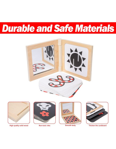 Tarjetas Montessori en Blanco y Negro con Marco de Madera y Espejo