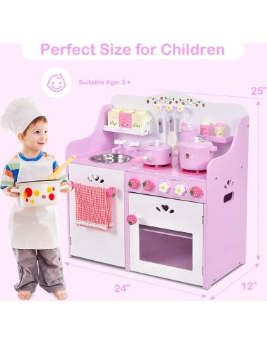 Juego de Cocina para Niños Costzon 13 Piezas Madera Rosa