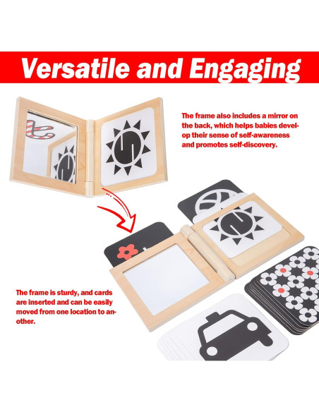 Tarjetas Montessori en Blanco y Negro con Marco de Madera y Espejo
