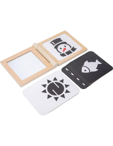 Tarjetas Montessori en Blanco y Negro con Marco de Madera y Espejo