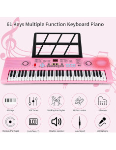 Teclado Eléctrico Digital Rosa 61 Teclas con Micrófono 2