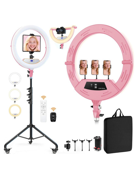 Luz de Anillo Plegable MACTREM 22" (56cm) Rosa con Soporte