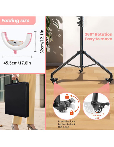 Luz de Anillo Plegable MACTREM 22" (56cm) Rosa con Soporte