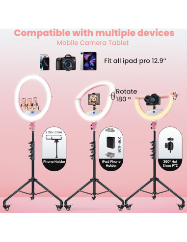 Luz de Anillo Plegable MACTREM 22" (56cm) Rosa con Soporte