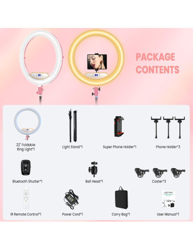 Luz de Anillo Plegable MACTREM 22" (56cm) Rosa con Soporte