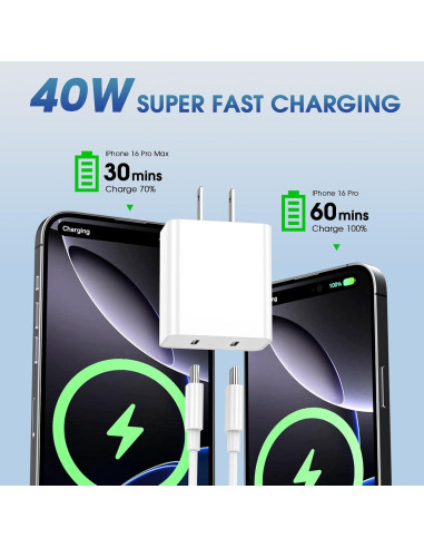 Cargador Rápido Doble USB-C 40W PGQBS con Cable 1.83m