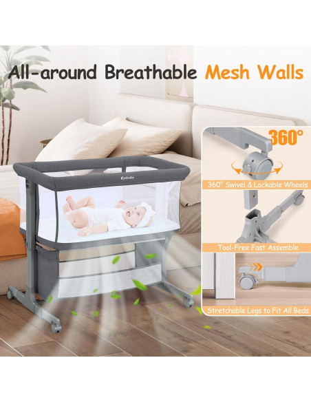 Cuna Lateral Ezebaby AP813 para Bebé con Ruedas y Almacenamiento