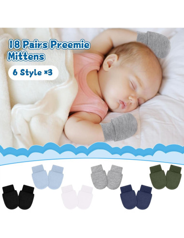 18 Pares de Mitones para Bebés Prematuros Algodón Suave