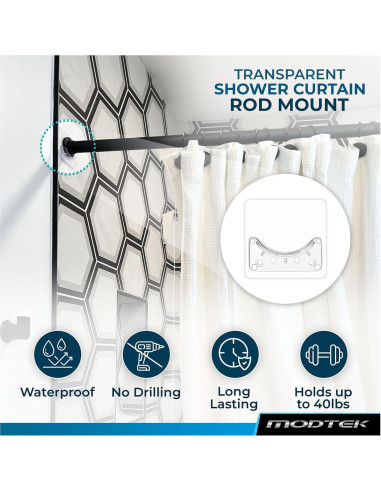Soporte para barra de cortina de ducha Modtek M1768 - 4 piezas, transparente, sin perforación