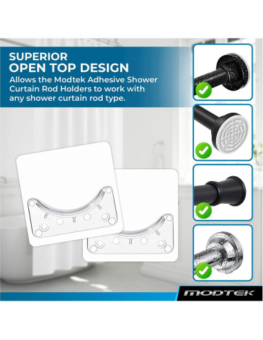 Soporte para barra de cortina de ducha Modtek M1768 - 4 piezas, transparente, sin perforación