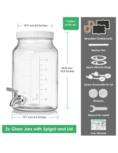 Paquete de 2 dispensadores de vidrio 3.78L Qianfenie con grifo