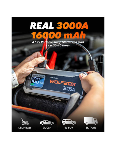 Arrancador de Baterías WOLFBOX 3000A con Inflador Portátil