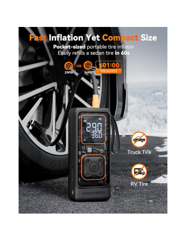 Arrancador de Baterías WOLFBOX 3000A con Inflador Portátil