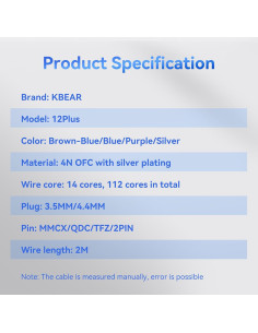 Cable IEM KBEAR ST12 Plus 2m Plateado 3.5mm 8-Hebras OFC 2