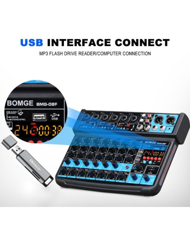 Mezclador de audio BOMGE 8 canales con Bluetooth y USB