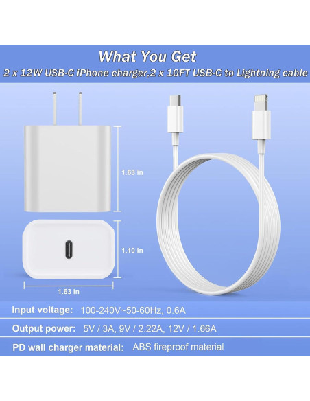 Cargador Rápido USB C PD 3.0 para iPhone - 2 Pack 10FT MFi