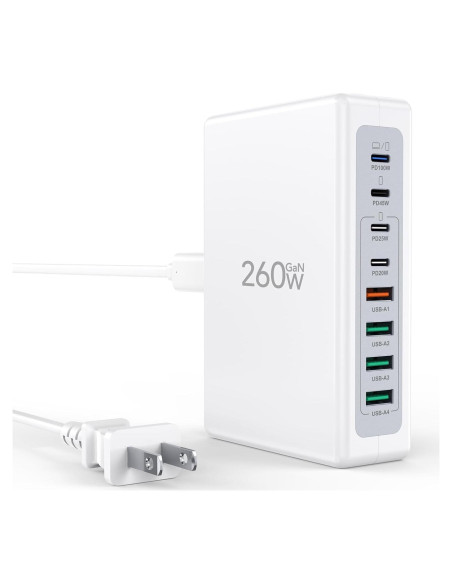 Cargador USB C 260W CSODINCE Estación de Carga Rápida 8 Puertos