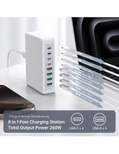 Cargador USB C 260W CSODINCE Estación de Carga Rápida 8 Puertos 2