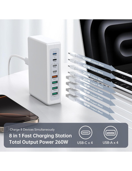 Cargador USB C 260W CSODINCE Estación de Carga Rápida 8 Puertos