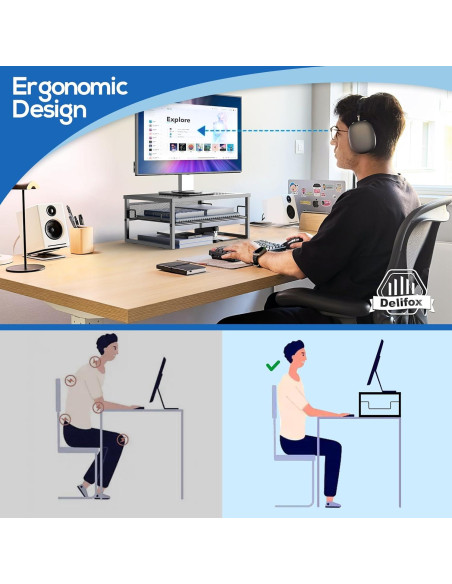 Soporte de Monitor de Metal Delifox 2 Niveles Organizador Negro