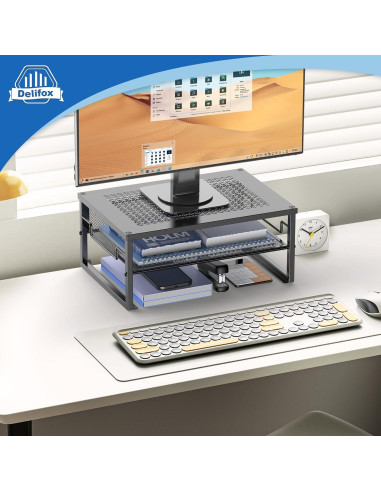 Soporte de Monitor de Metal Delifox 2 Niveles Organizador Negro