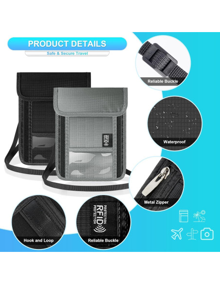 Billetera de Cuello Antirrobo RFID Negro - Soporte Pasaporte Impermeable