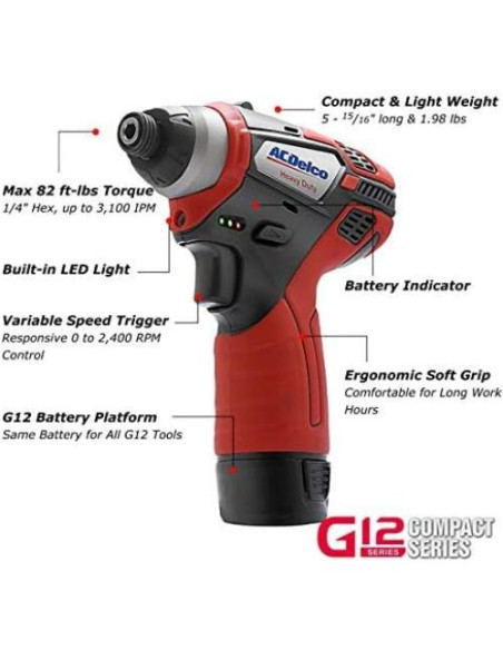 Destornillador de Impacto Inalámbrico ACDelco ARI12105P 12V 111 Nm