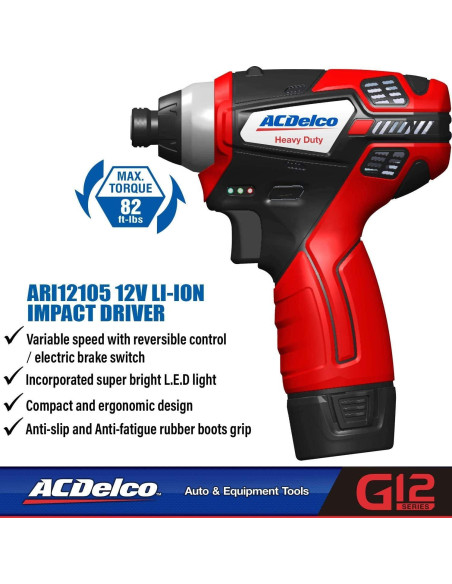 Destornillador de Impacto Inalámbrico ACDelco ARI12105P 12V 111 Nm