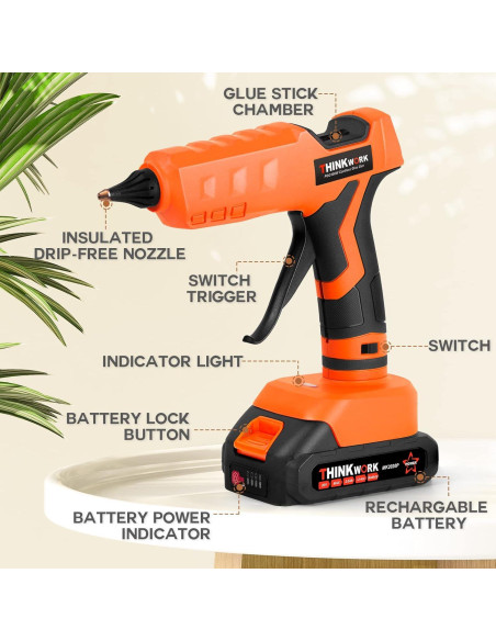 Pistola de Pegamento Inalámbrica THINKWORK 20V 100W con 30 Palitos