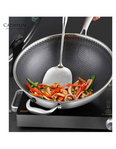 Wok de Acero Inoxidable 33 cm Cathylin con Tapa Antiadhesiva