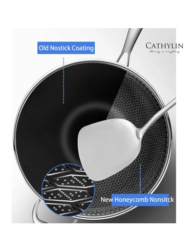 Wok de Acero Inoxidable 33 cm Cathylin con Tapa Antiadhesiva