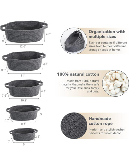 Juego de 5 Cestas de Cuerda VOOWO para Almacenamiento Gris Juego de 5 Cestas de Cuerda VOOWO para Almacenamiento Gris