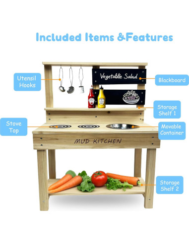 Cocina de Juguete de Madera Beipoo con Fregadero y Accesorios