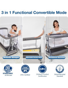 Cuna 3 en 1 Jixrolyn Gris Ajustable para Bebés con Colchón 2